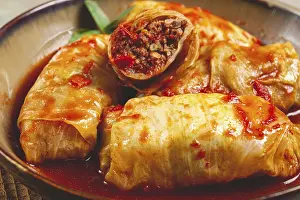 Balkan Food Photography Drucke: Stuffed cabbage rolls with minced meat