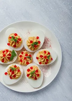 Stuffed Eggs Drucke: Stuffed eggs, with red caviar, micro greenery