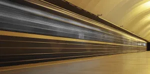 Public Transportation Infrastructure Drucke: Subway platform with moving fast train