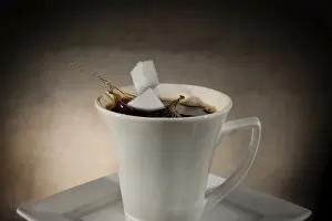 Studio Shot Coffee Drucke: Two sugar cubes falling into a cup of coffee