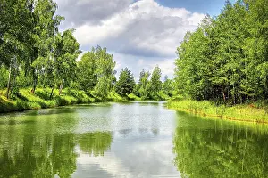 Blue Sky Photography Drucke: Summer landscape with river and blue sky