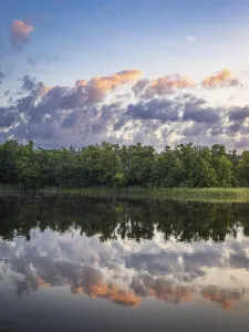 Overcast Sky Reflection Photo Drucke: Sunrise in Seedorf am Schaalsee with clouds and reflection