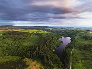 Sunset Over Artificial Lake Drucke: Sunset over Cod Beck Reservoir from a drone