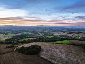 Northern Europe Drone Photography Drucke: Sunset of Devon Farms and Fields over Berry Pomeroy from a drone