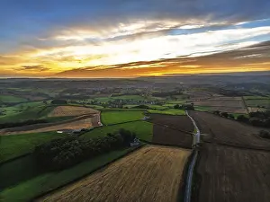UK Drone Photography Drucke: Sunset of Devon Farms and Fields over Berry Pomeroy from a drone