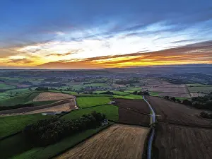 Northern European Landscape Drucke: Sunset of Devon Farms and Fields over Berry Pomeroy from a drone