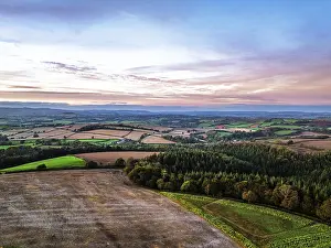 Northern Europe Evening Sky Drucke: Sunset of Devon Farms and Fields over Berry Pomeroy from a drone