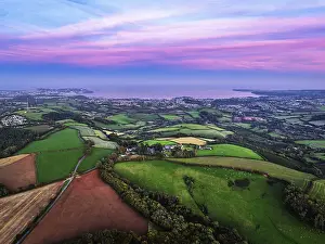 Northern Europe Evening Light Scene Drucke: Sunset of Devon Farms and Fields over Berry Pomeroy from a drone