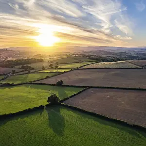 Northern Europe Sunset Drucke: Sunset over Devon Fields from a drone