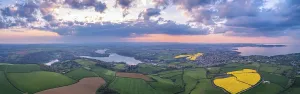 Drone View Of River Dart Drucke: Sunset over Devon Fields and Farmlands from a drone