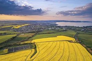 Sunset Over Farmlands UK Drucke: Sunset over Devon Fields and Farmlands from a drone