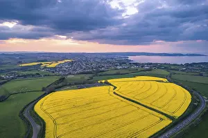 Agricultural Landscape From Above Drucke: Sunset over Devon Fields and Farmlands from a drone