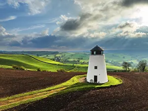 Drone Shot Of Devon Fields Drucke: Sunset of Devon Windmill over Fields and Farms from a drone