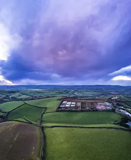 British Countryside From Above Drucke: Sunset over Fields and Farms from a drone