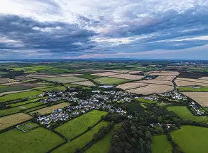Drone Photography Wales Drucke: Sunset over Fields and Farms from a drone
