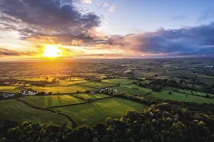 British Rural Landscapes Drucke: Sunset over Fields and Farms from a drone