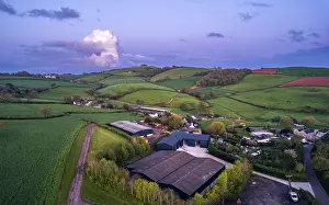 Drone Photography England Drucke: Sunset over fields and farms from a drone