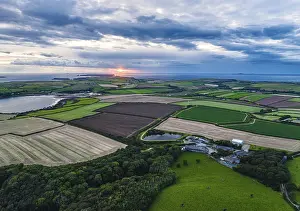 Welsh Countryside Aerial Photography Drucke: Sunset over Fields and Farms from a drone