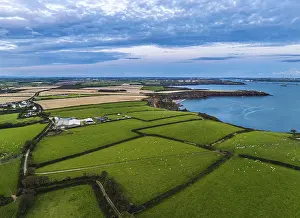 Drone Photography Sunset Drucke: Sunset over Fields and Farms from a drone
