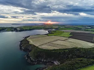 Agricultural Landscape Photography With Drone Drucke: Sunset over Fields and Farms from a drone