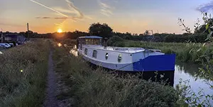 Coventry Drucke: Sonnenuntergang und Hausboot, Nord-Oxford-Kanal.