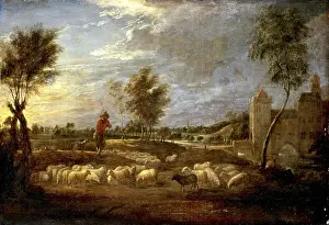 Drucke von Sonnenuntergangslandschaft mit einem Hirten und seinem Schafherden, Gemälde von David Teniers (getauft am 15. Dezember 1610 in Antwerpen, gestorben am 25) Landschaften Bei Sonnenuntergang Und Sonnenaufgang Drucke: Sonnenuntergangslandschaft mit einem Hirten und seinem Herde.