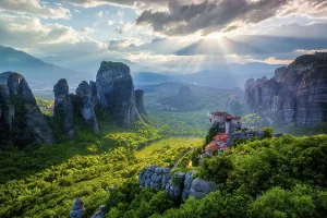 Southeast Europe Landmark Drucke: Sunset over monastery of Rousanou and Monastery of St