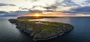 Drone Photography Scotland Drucke: Sunset over Mull of Galloway Lighthouse from a drone