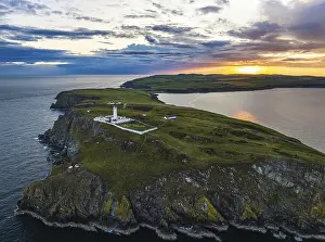 Drone Photography Scotland Drucke: Sunset over Mull of Galloway Lighthouse from a drone