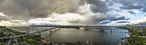 Northern Europe Panoramic View Drucke: Sunset Panorama of Rain clouds over Forth Bridge from a drone
