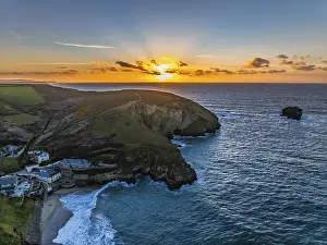 Drone Photography Sunset Drucke: Sunset over sea and cliffs from a drone