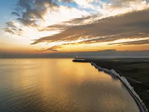 Chalk Cliff Landscape Drucke: Sunset over Seven Sisters Cliffs from a drone