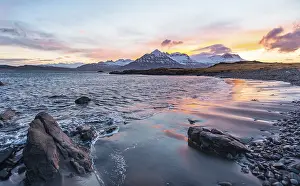 Icelandic Fjord Landscape Drucke: Sunset over snow-capped mountains
