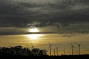 Environmental Protection In Germany Drucke: Sunset, wind power plants, clouds