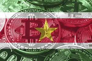 Surinam Drucke: Suriname Bitcoin-Flagge, nationale Flagge Kryptowährungskonzept schwarzer Hintergrund