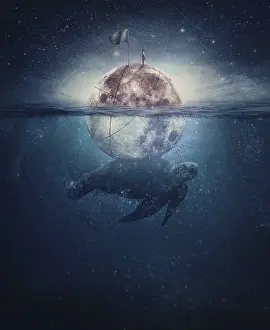 Surrealismus Drucke: Seltsame Szene mit einem Schildkröte, riesiges Meerestier.