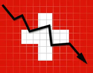 Swiss National Symbol Drucke: The Swiss flag and arrow graph going down