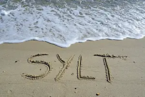 Northern Germany Coastal Area Drucke: Sylt spelled out on sandy beach
