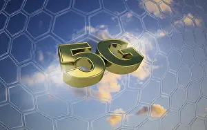 Blue Cloudy Sky Drucke: Symbol image 5G Net in front of blue cloudy sky with net pattern