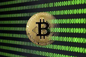 Digital Currency Icon Drucke: Symbol image digital currency, gold physical coin Bitcoin in front of binary code