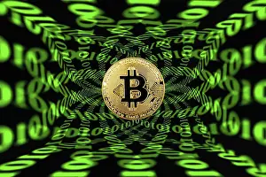 Digital Currency Icon Drucke: Symbol image digital currency, gold physical coin bitcoin with digital binary code