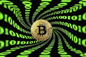Digital Currency Icon Drucke: Symbol image digital currency, gold physical coin bitcoin with digital binary code