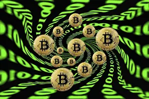 Bitcoin Symbol Drucke: Symbol image digital currency, gold physical coin bitcoin with digital binary code