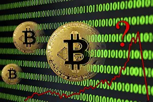 Cryptocurrency Blockchain Image Drucke: Symbol image digital currency, gold physical coin Bitcoin with digital binary code