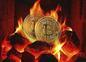 Digital Currency Insecurity Drucke: Symbolic image, Bitcoin on fire