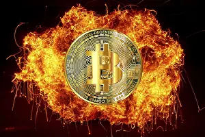 Symbolic Bitcoin Image Drucke: Symbolic image, Bitcoin in firelight