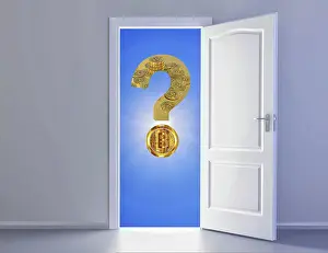 Blockchain Technology Symbol Drucke: Symbolic image, Bitcoin with question mark