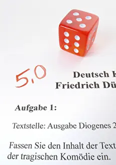 Red Studio Shot Drucke: Symbolic image for grading in subject German by using dice
