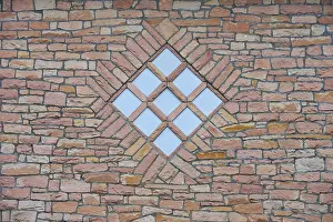 Spessart Nature Park Hesse Drucke: Symmetrical quarry stone wall with a window-shaped diamond pattern