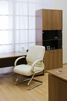 Contemporary Office Decor Drucke: Table, chairs and bookcase at modern office
